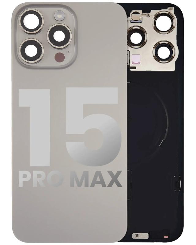 Encuentra tapas traseras usadas compatibles para iPhone 15 Pro Max con placa de acero, carga inalámbrica y NFC en Guatemala.