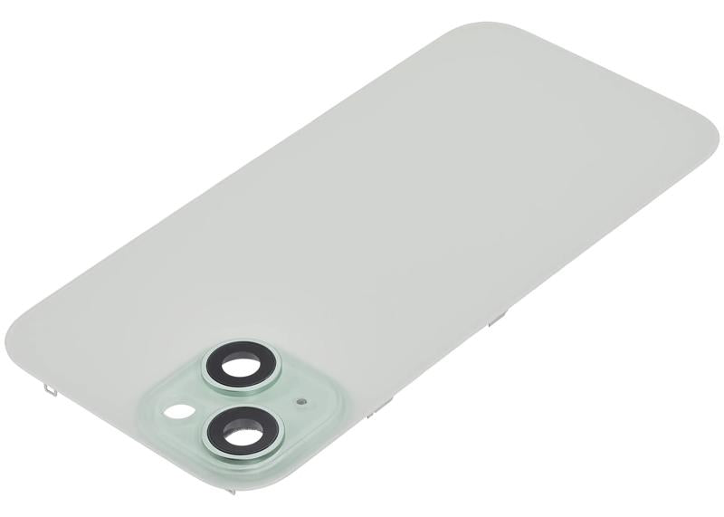 Tapa trasera de iPhone 15 en verde con placa de acero y imán MagSafe preinstalado, ideal para reparaciones en Guatemala.