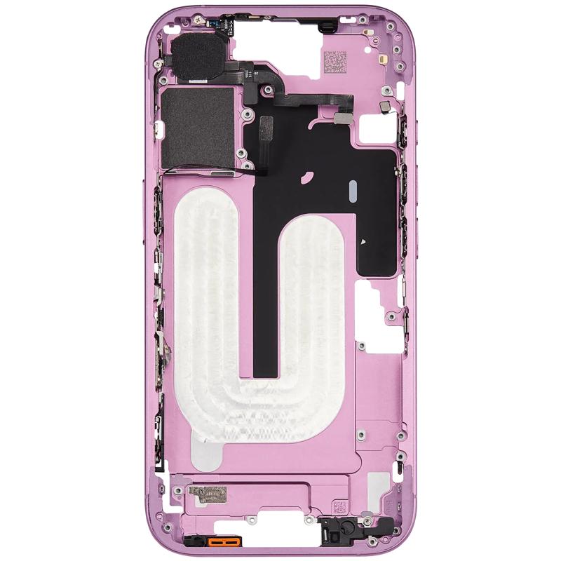 Reparación de marco medio con botones en Guatemala para iPhone 16 versión US usado en color rosa.