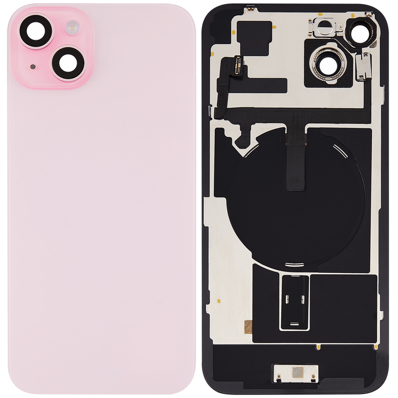 Tapa trasera para iPhone 15 Plus con placa metalica, carga inalambrica NFC, iman MagSafe y flex de linterna (Rosa)