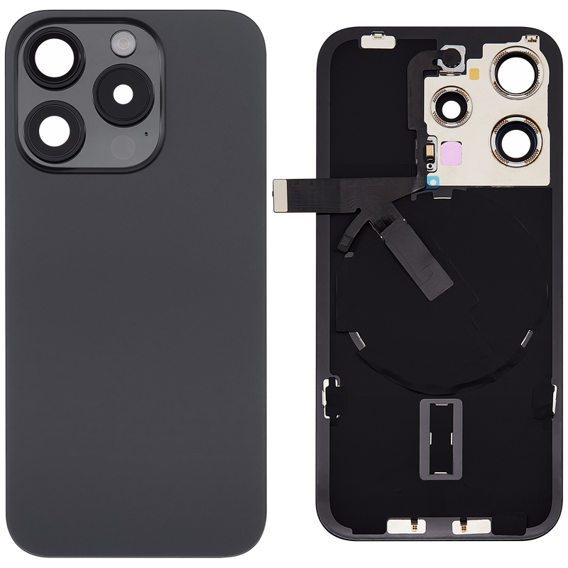 Tapa trasera con placa de acero con NFC para carga inalambrica Magnet MagSafe y Flex de linterna para iPhone 15 Pro (Titanio Negro)