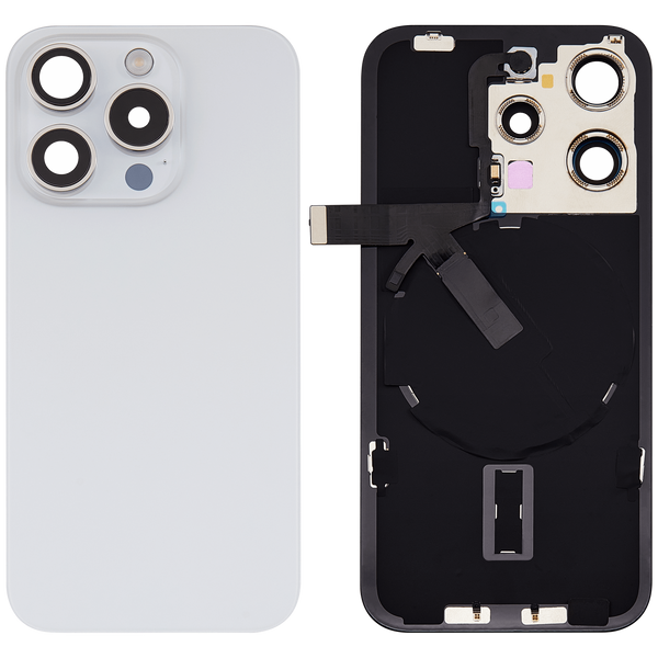 Tapa trasera con placa de acero, carga inalambrica NFC y MagSafe, iman y flex de linterna para iPhone 15 Pro (Blanco Titanio)