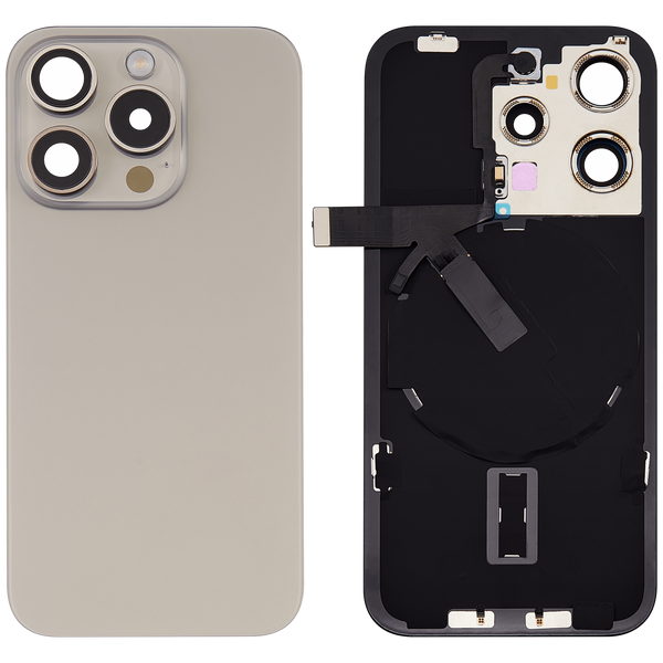 Tapa trasera para iPhone 15 Pro con placa de acero, carga inalambrica NFC, MagSafe, iman y flex de linterna (Titanio Natural)