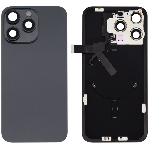 Tapa trasera para iPhone 15 Pro Max con placa, carga inalambrica NFC, MagSafe y flex de linterna (Negro Titanio)