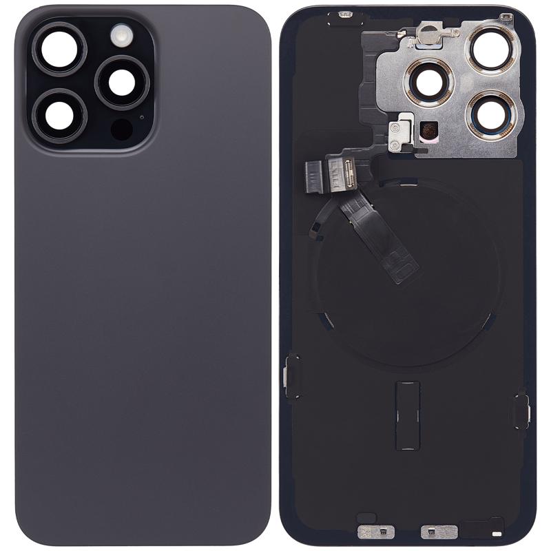 Tapa trasera con placa, carga inalambrica NFC y MagSafe, iman y flex de linterna para iPhone 15 Pro Max (Original usada, grado A) (Titanio negro)