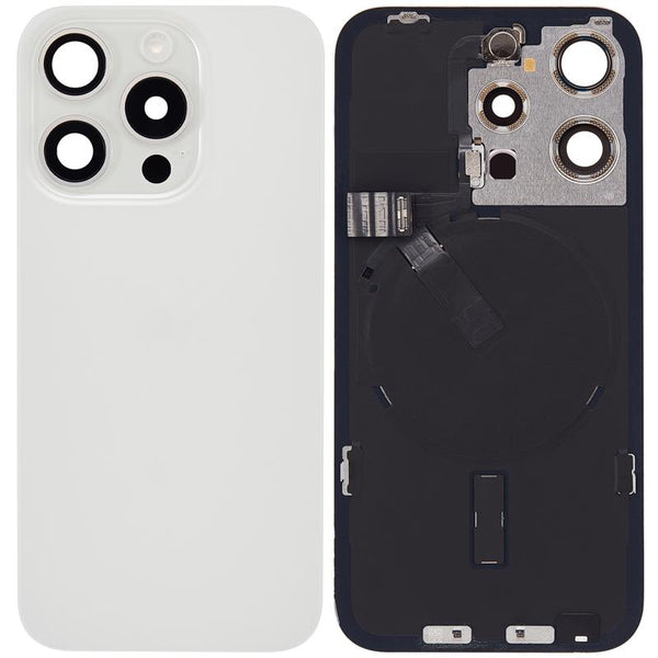 Tapa trasera con placa, NFC, iman MagSafe y flex de linterna para iPhone 15 Pro (Blanco Titanio)