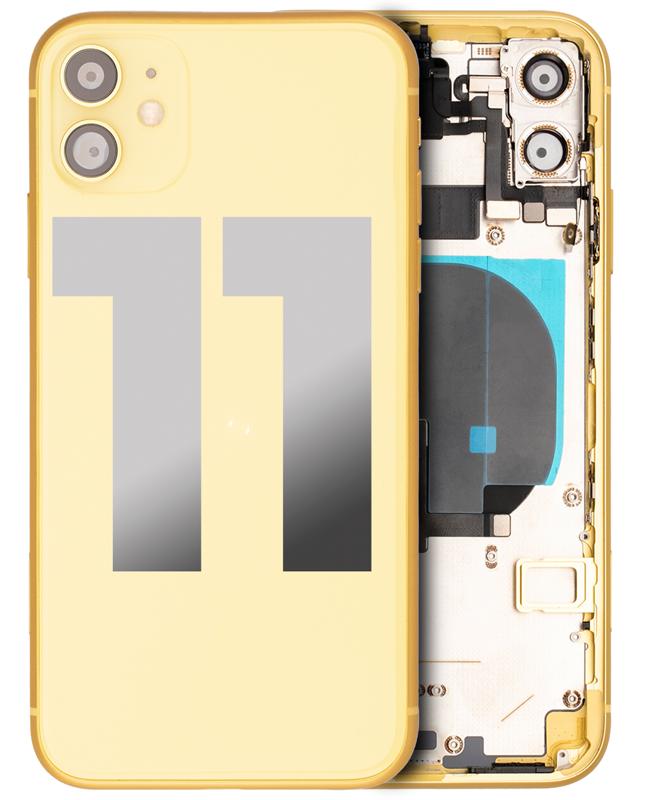 Tapa trasera con componentes pequenos pre-instalados para iPhone 11 (Usada, original, grado C) (Amarillo)