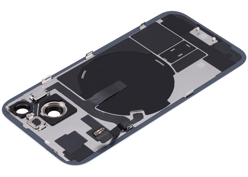 Tapa trasera con placa y NFC para carga inalambrica MagSafe y flex de linterna para iPhone 15 (Azul)