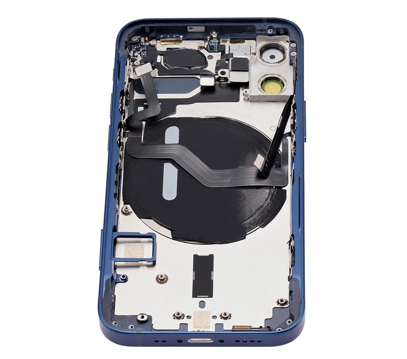 Tapa trasera para iPhone 12 Mini azul con componentes pequenos preinstalados